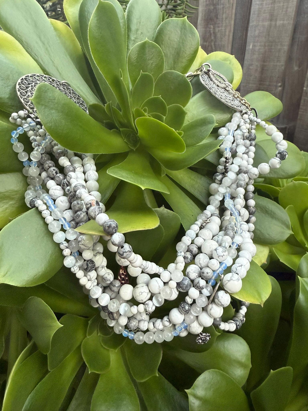 Howlite & Moonstone Layered Statement Necklace | Ukrainian Korali Inspired | Handmade Multi-Strand Beaded Jewelry