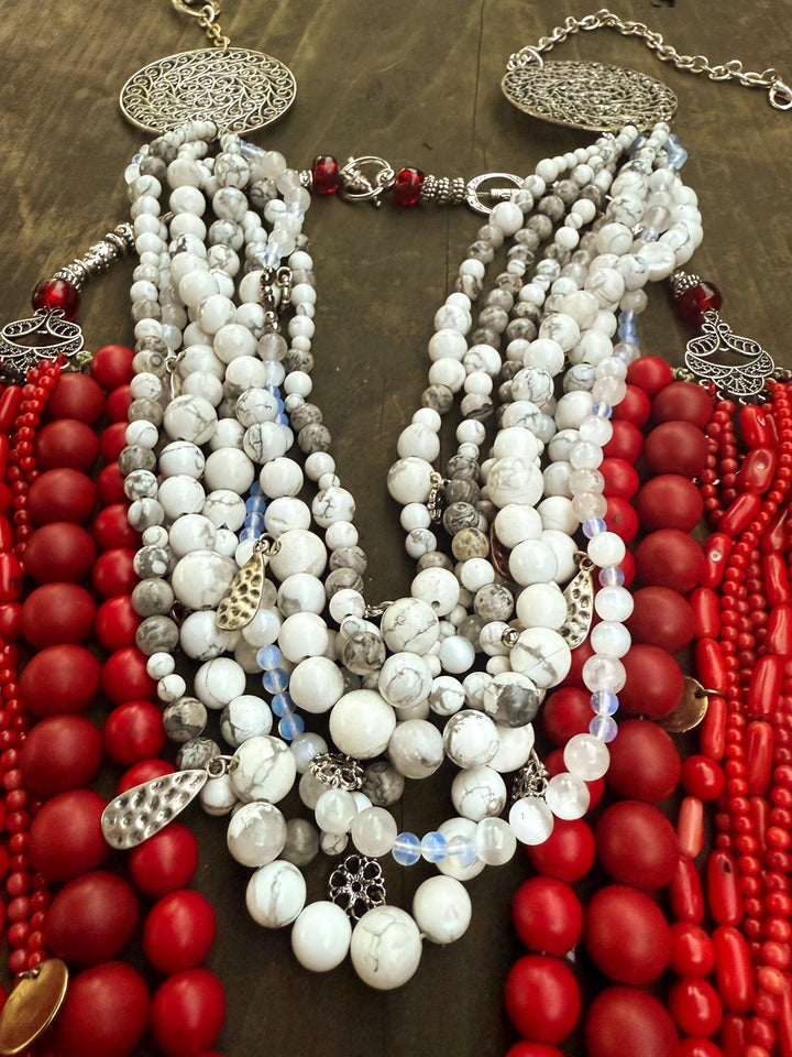 Howlite & Moonstone Layered Statement Necklace | Ukrainian Korali Inspired | Handmade Multi-Strand Beaded Jewelry