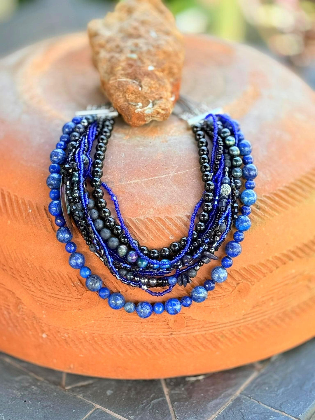 Lapis & Black Stone Statement Necklace | Multi-Strand Mixed Media | Ukrainian Korali Inspired | Handmade Artisan Jewelry