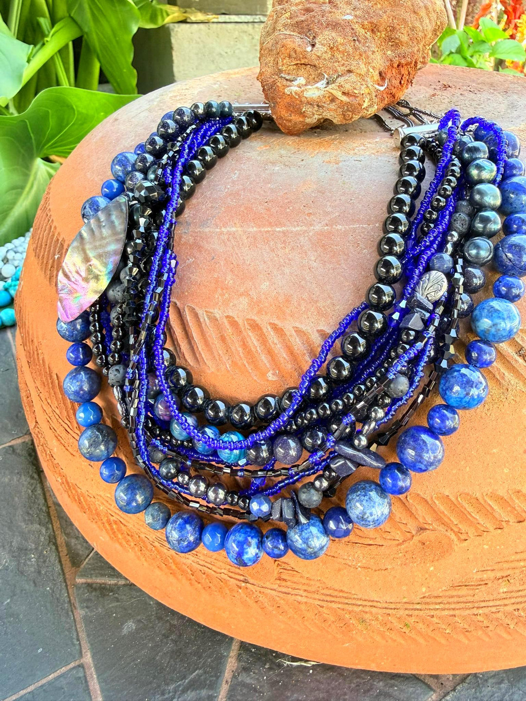 Lapis & Black Stone Statement Necklace | Multi-Strand Mixed Media | Ukrainian Korali Inspired | Handmade Artisan Jewelry