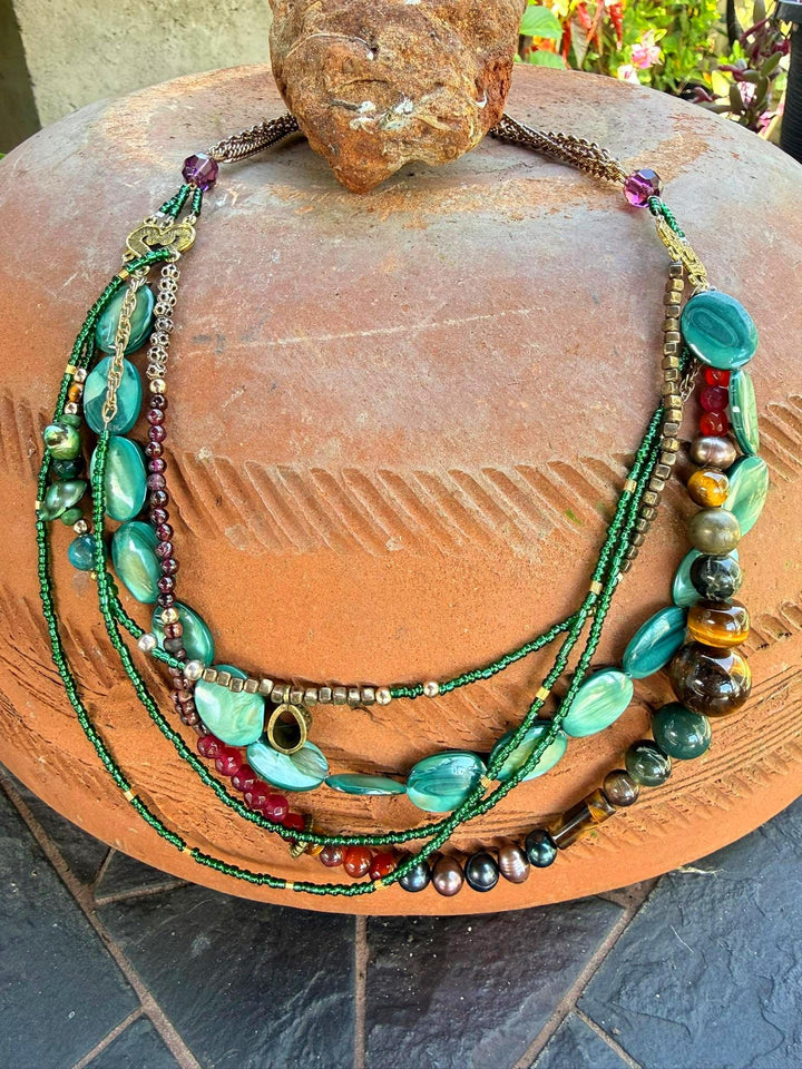Tiger Eye, Agate & Pearl Layered Necklace | Mixed Media Statement Jewelry | Handmade One-of-a-Kind Beaded Necklace