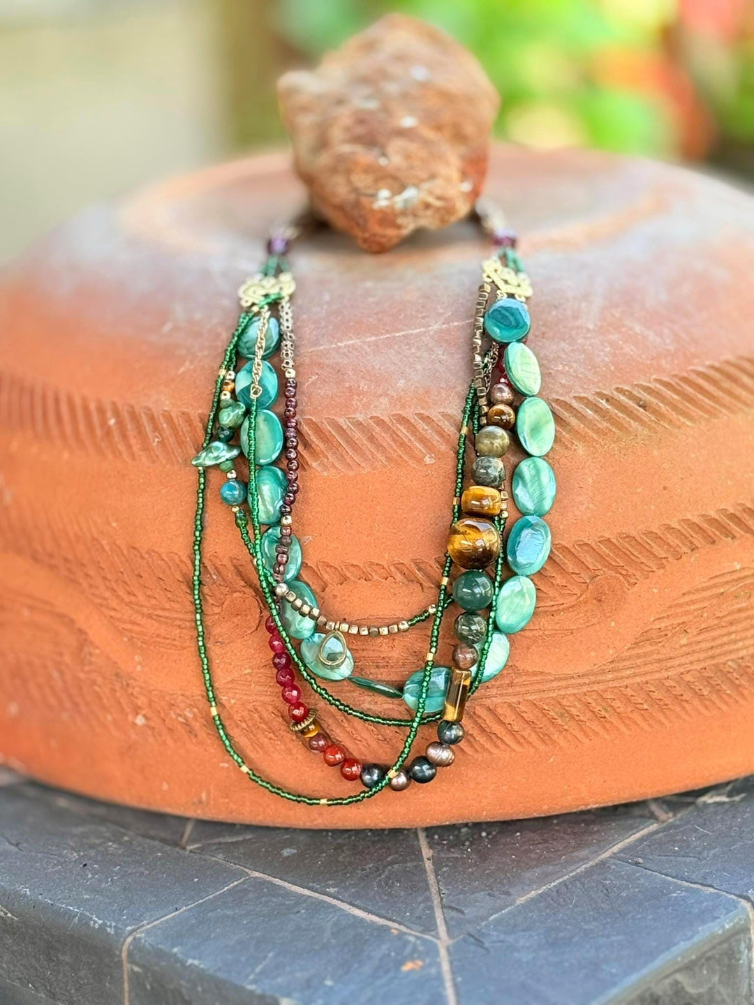 Tiger Eye, Agate & Pearl Layered Necklace | Mixed Media Statement Jewelry | Handmade One-of-a-Kind Beaded Necklace