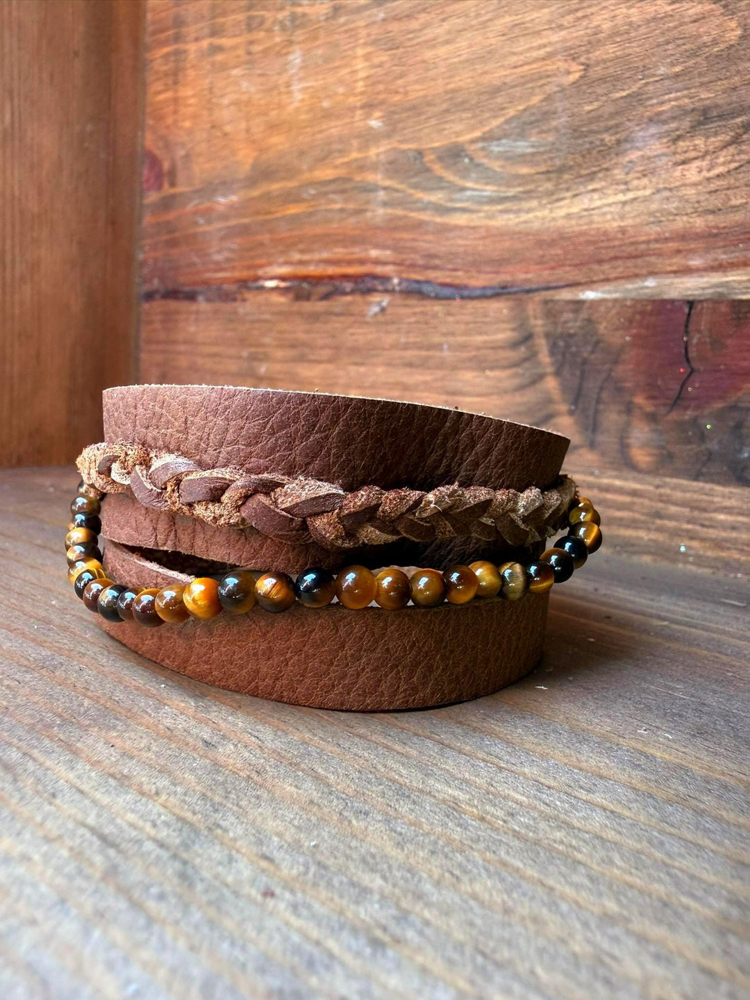 Tiger Eye Leather Wrap Bracelet | Gift Box Included | Handmade Rustic Unisex Jewelry