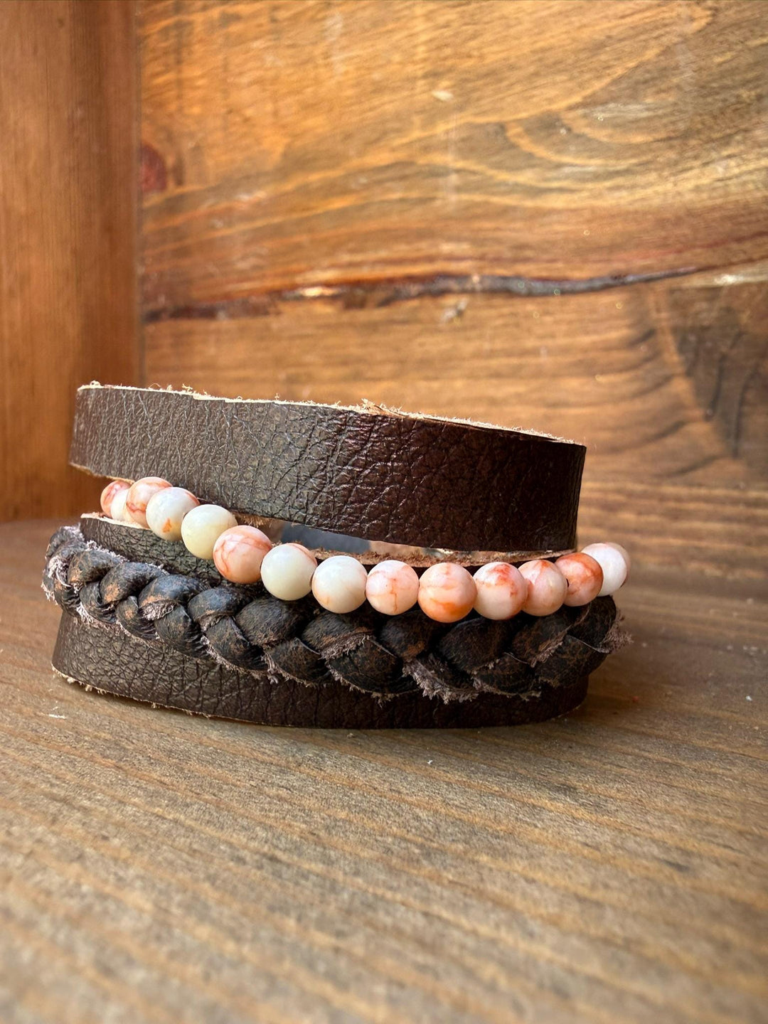 Pink Zebra Jasper Wide Leather Bracelet | Gift Box Included | Rustic Unisex Jewelry