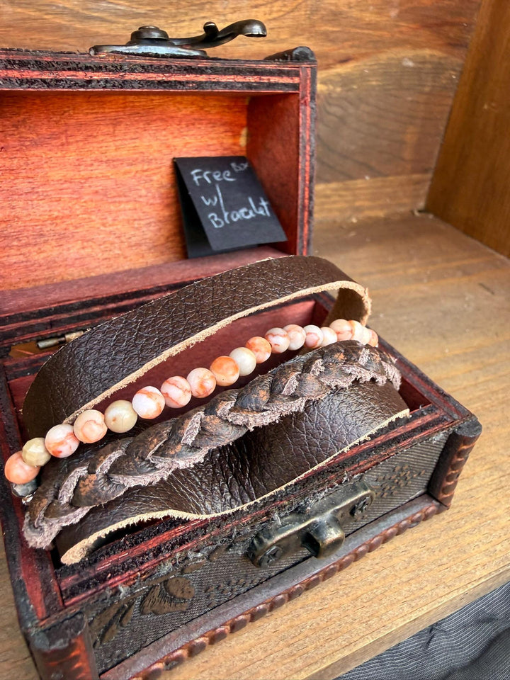 Pink Zebra Jasper Wide Leather Bracelet | Gift Box Included | Rustic Unisex Jewelry