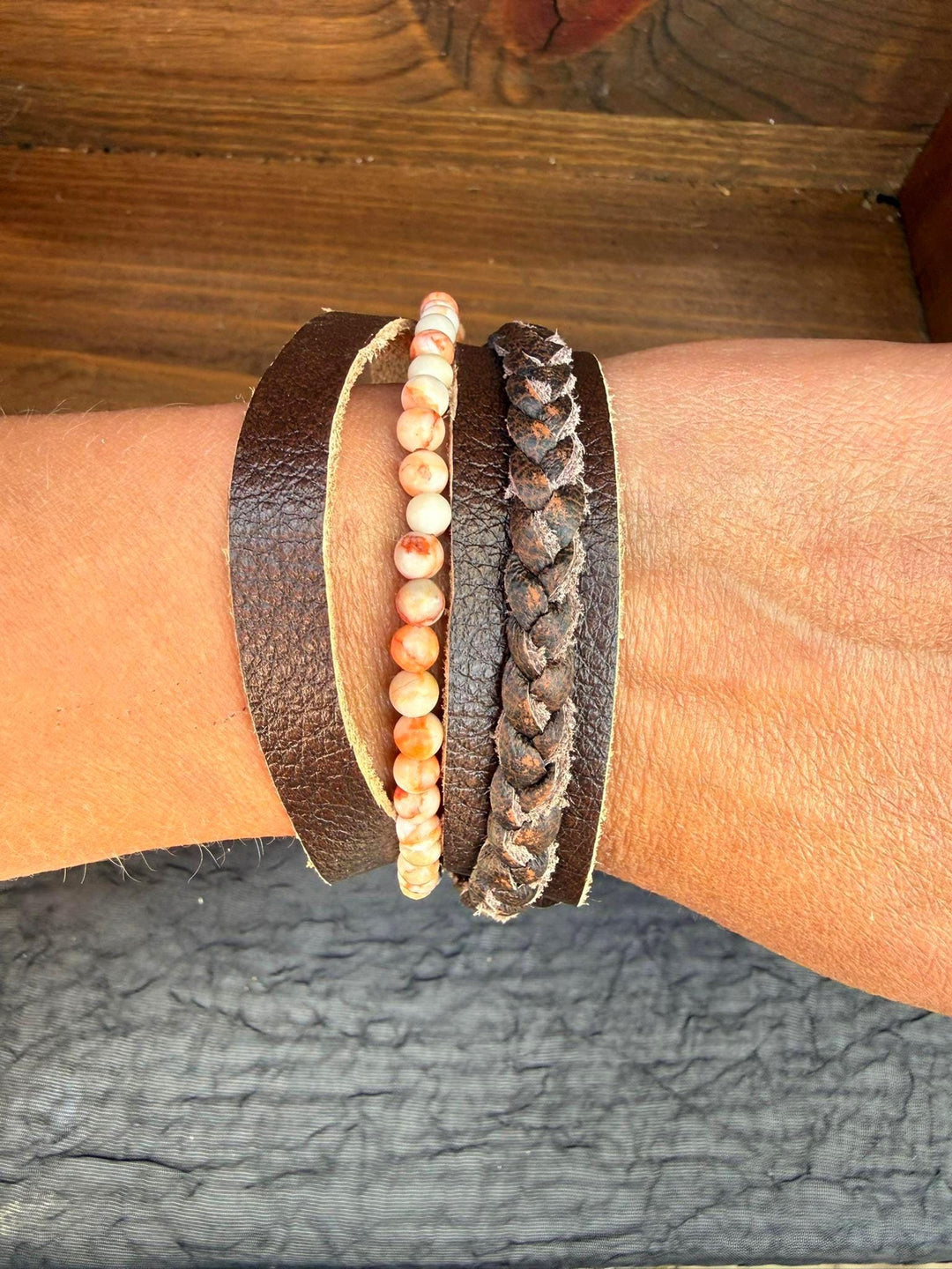 Pink Zebra Jasper Wide Leather Bracelet | Gift Box Included | Rustic Unisex Jewelry