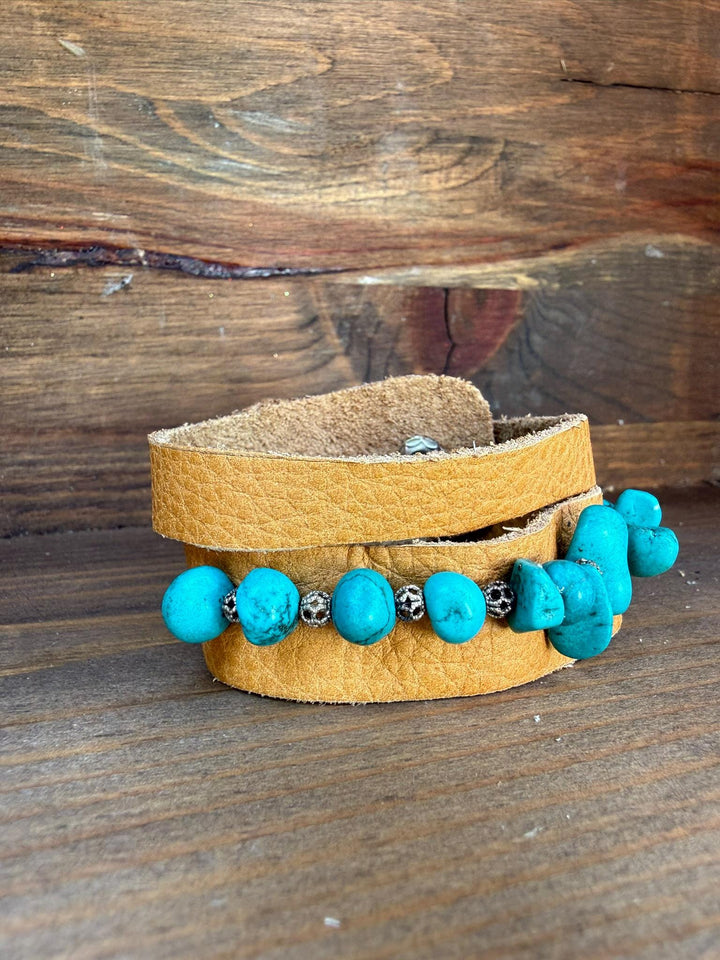 Turquoise Leather Wrap Bracelet | Gift Box Included | Handmade Boho Statement Jewelry