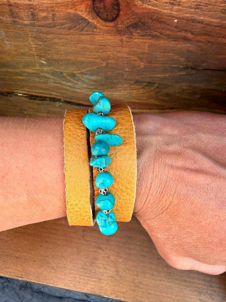 Turquoise Leather Wrap Bracelet | Gift Box Included | Handmade Boho Statement Jewelry