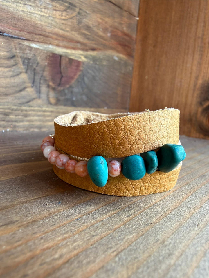 Turquoise Leather Bracelet | Pink Zebra Jasper | Handmade Boho Womens Bracelet