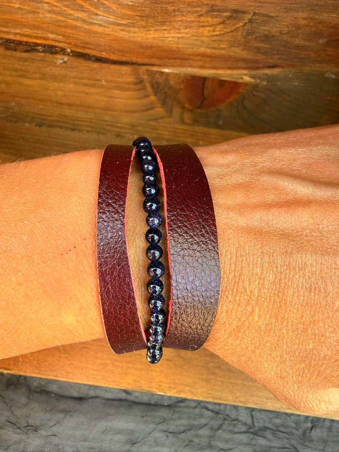 Blue Goldstone Leather Wrap Bracelet | Gift Box Included | Handmade Statement Jewelry