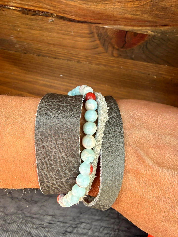 Blue Jasper Gray Leather Wrap Bracelet | Gift Box Included | Handmade Statement Jewelry