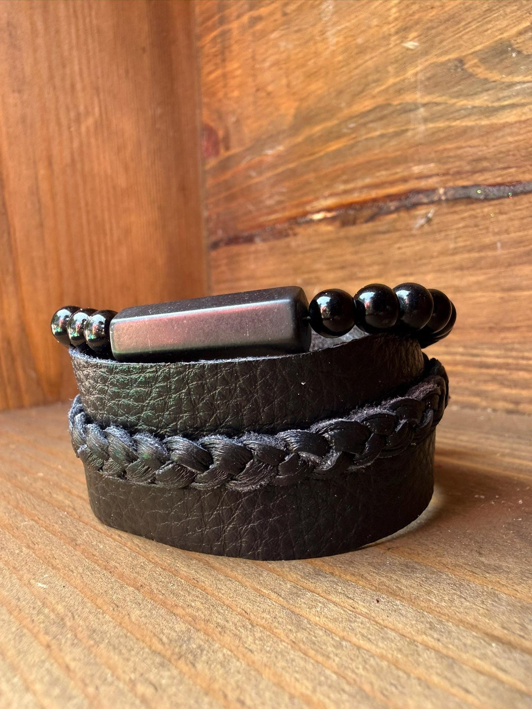 Black Onyx Leather Wrap Bracelet | Gift Box Included | Handmade Statement Jewelry
