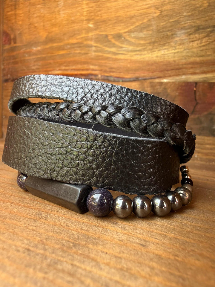 Black Onyx Leather Wrap Bracelet | Gift Box Included | Handmade Statement Jewelry