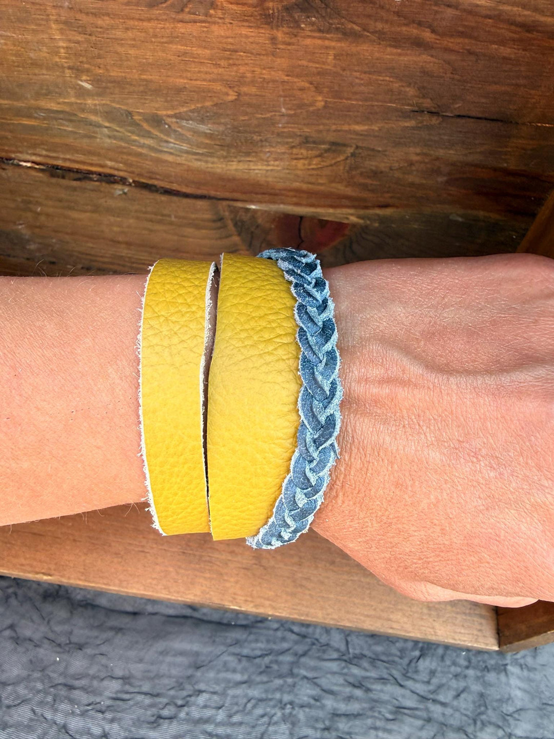 Braided Leather Wrap Bracelet | Gift Box Included | Handmade Mustard Yellow Statement Cuff