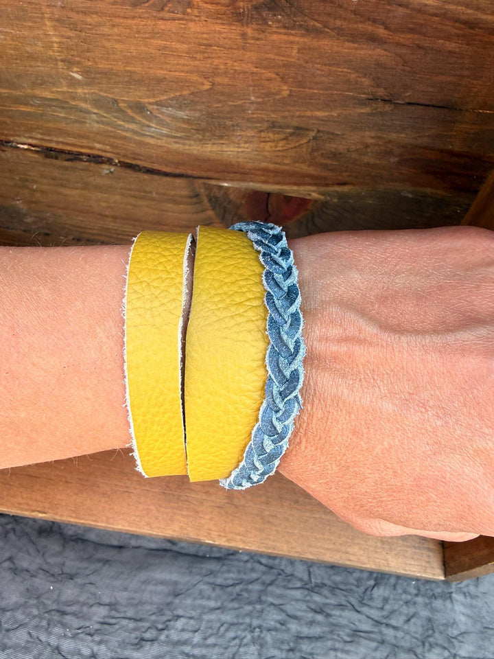 Braided Leather Wrap Bracelet | Gift Box Included | Handmade Mustard Yellow Statement Cuff