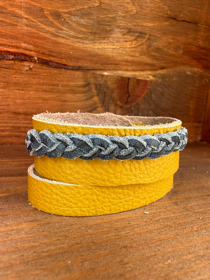Braided Leather Wrap Bracelet | Gift Box Included | Handmade Mustard Yellow Statement Cuff