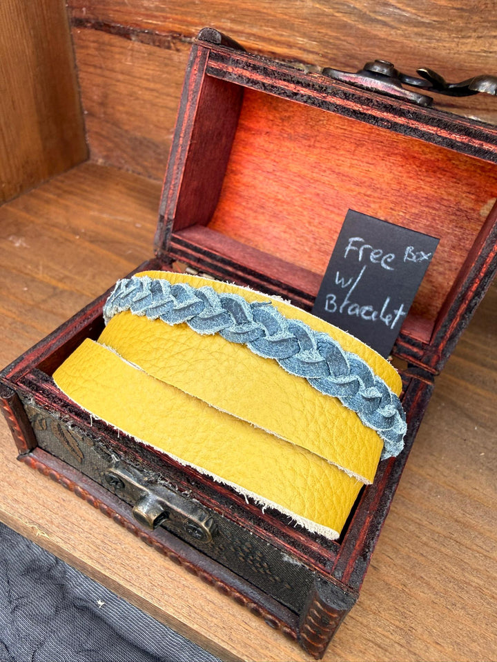 Braided Leather Wrap Bracelet | Gift Box Included | Handmade Mustard Yellow Statement Cuff