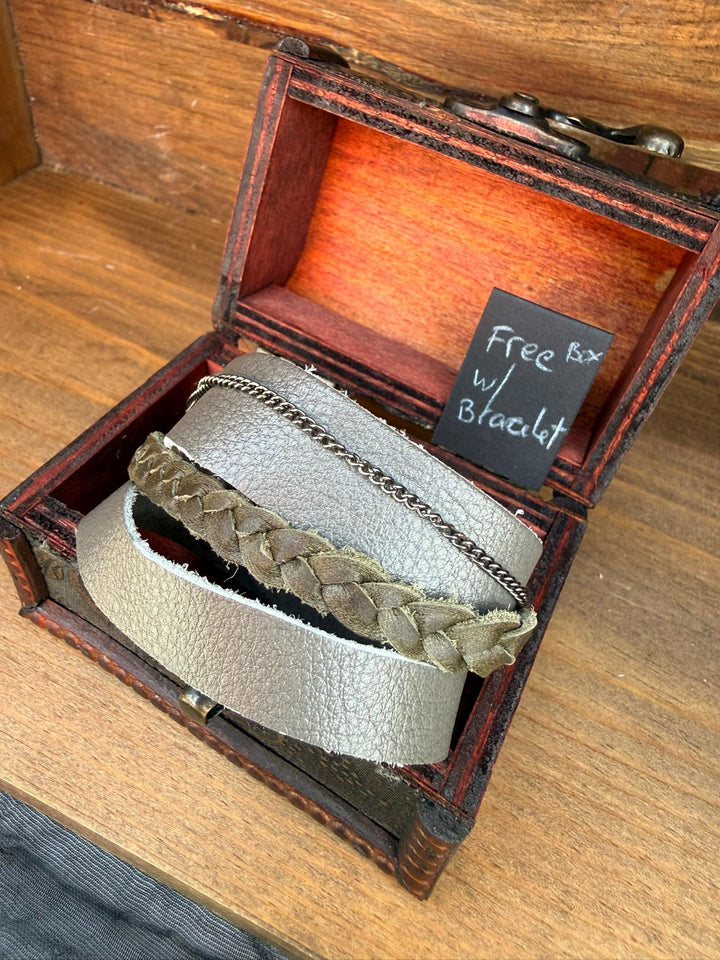 Gray Leather Wrap Bracelet | Braided Leather & Chain Accent | Gift Box Included | Handmade Statement Cuff
