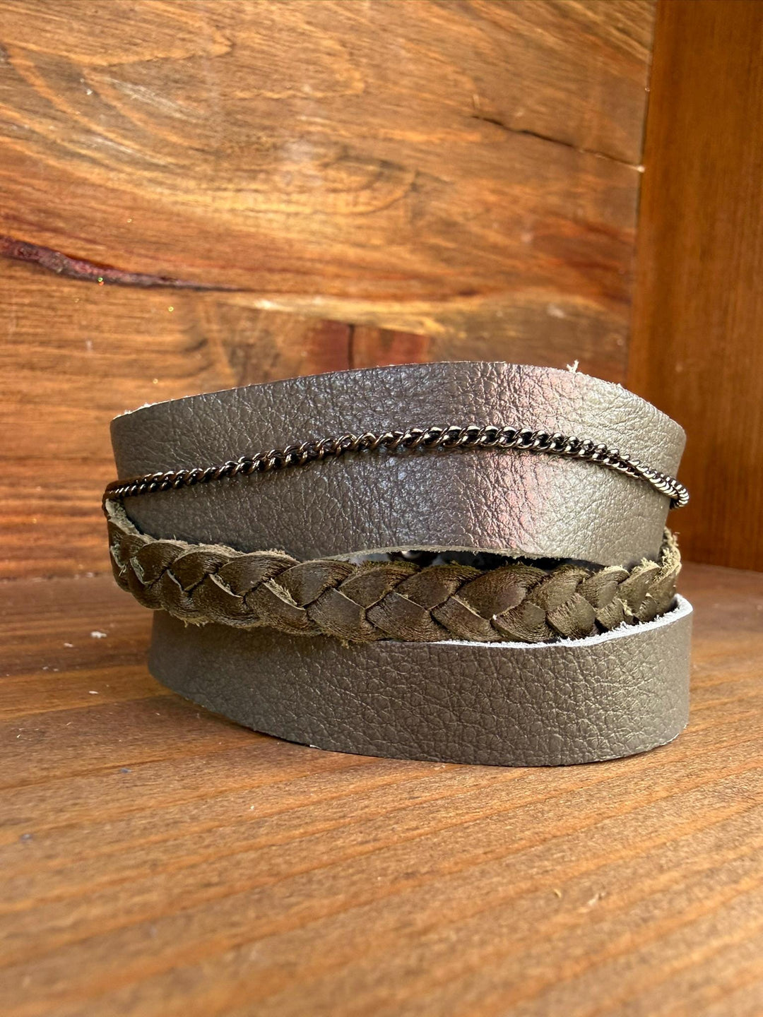 Gray Leather Wrap Bracelet | Braided Leather & Chain Accent | Gift Box Included | Handmade Statement Cuff