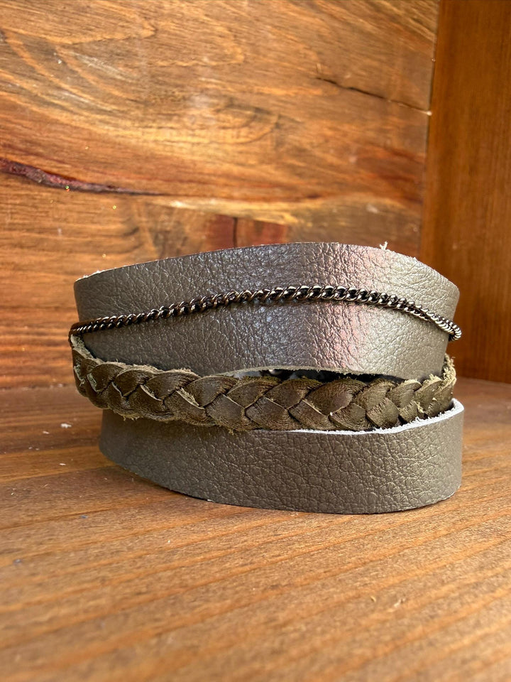 Gray Leather Wrap Bracelet | Braided Leather & Chain Accent | Gift Box Included | Handmade Statement Cuff