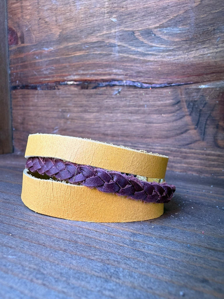 Yellow Leather Wrap Bracelet | Braided Accent | Handmade Slim Cuff | Gift Box Included
