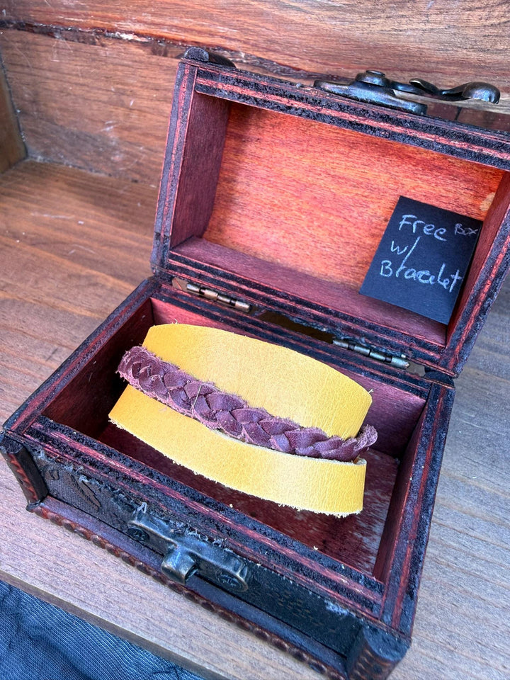 Yellow Leather Wrap Bracelet | Braided Accent | Handmade Slim Cuff | Gift Box Included