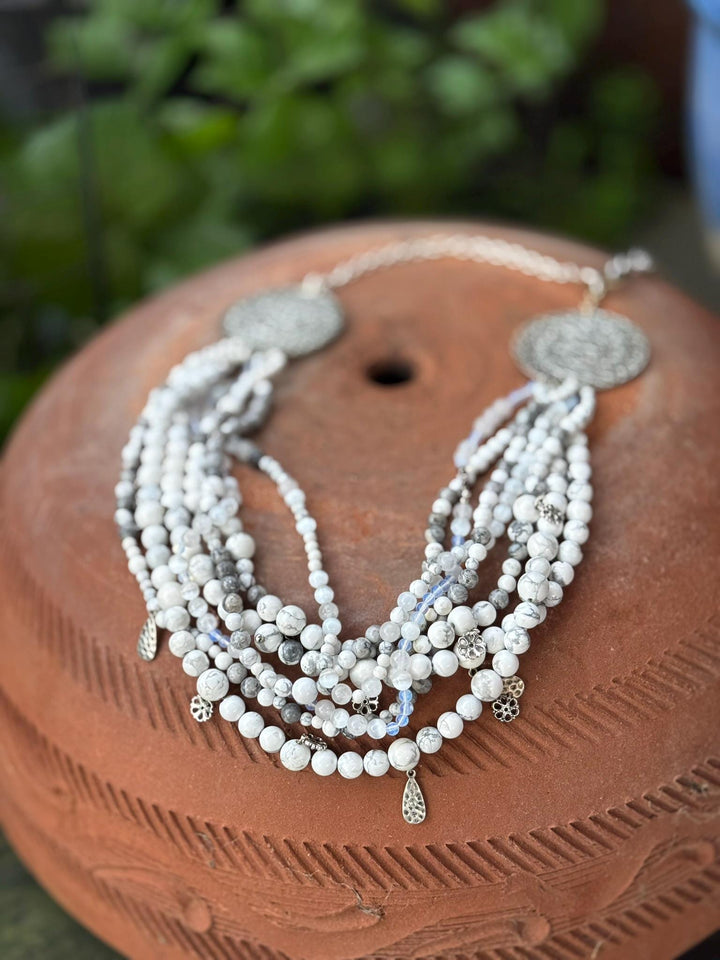 Howlite & Moonstone Layered Statement Necklace | Ukrainian Korali Inspired | Handmade Multi-Strand Beaded Jewelry