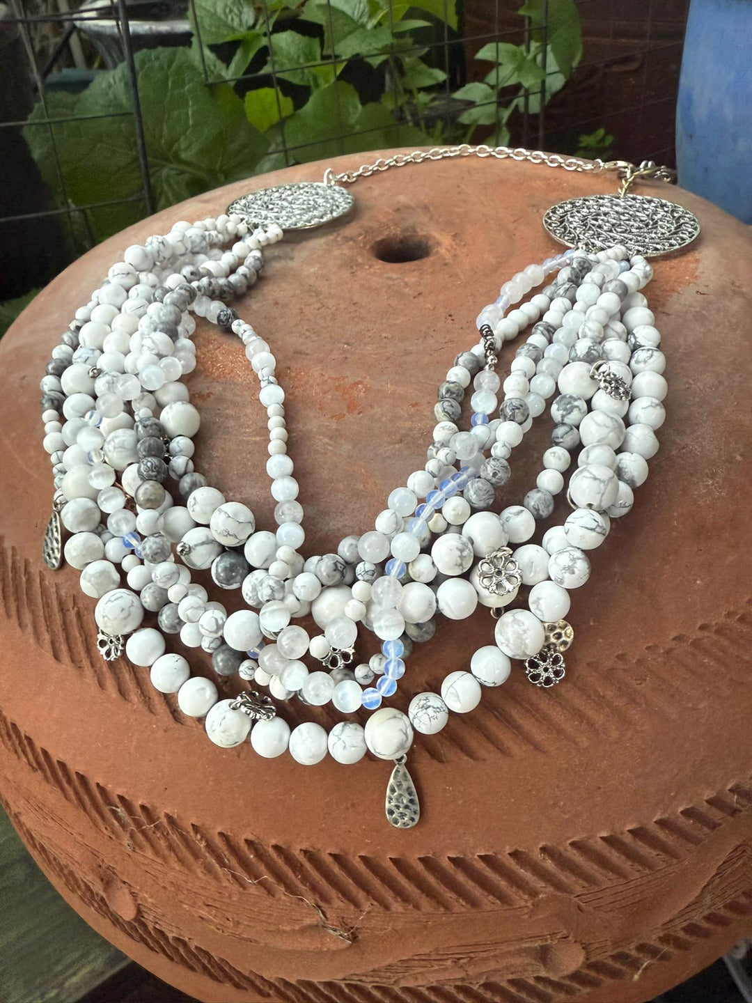 Howlite & Moonstone Layered Statement Necklace | Ukrainian Korali Inspired | Handmade Multi-Strand Beaded Jewelry