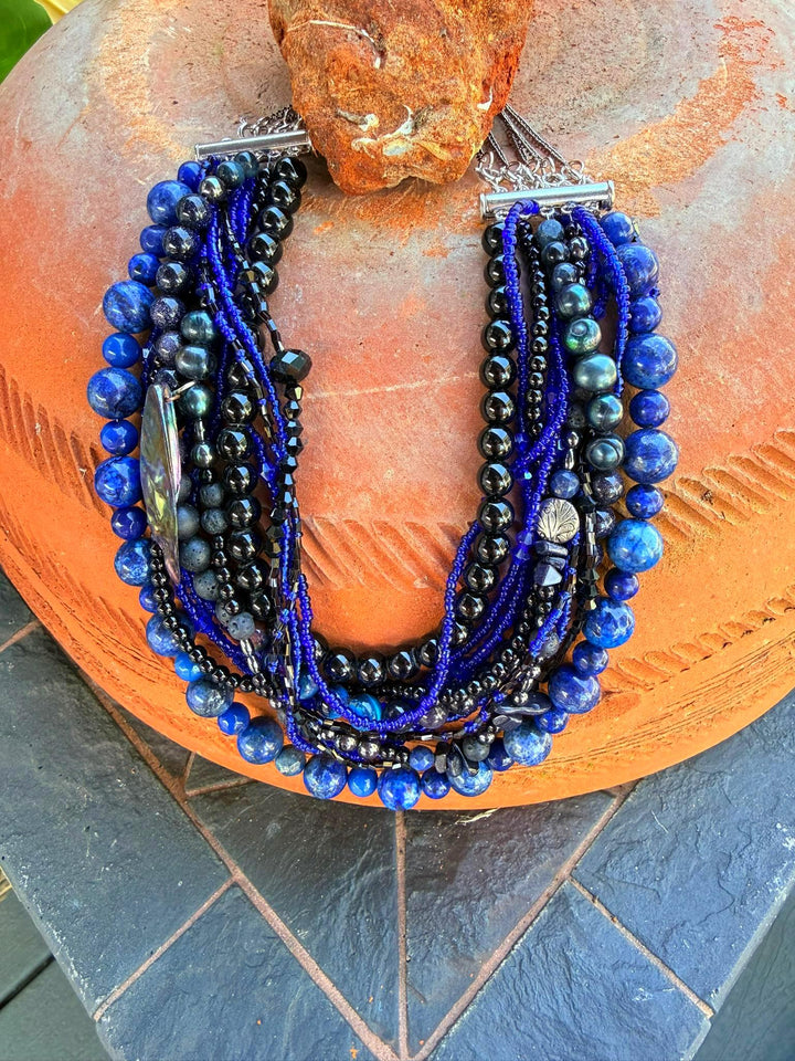 Lapis & Black Stone Statement Necklace | Multi-Strand Mixed Media | Ukrainian Korali Inspired | Handmade Artisan Jewelry
