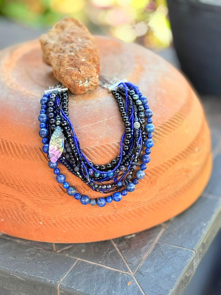 Lapis & Black Stone Statement Necklace | Multi-Strand Mixed Media | Ukrainian Korali Inspired | Handmade Artisan Jewelry
