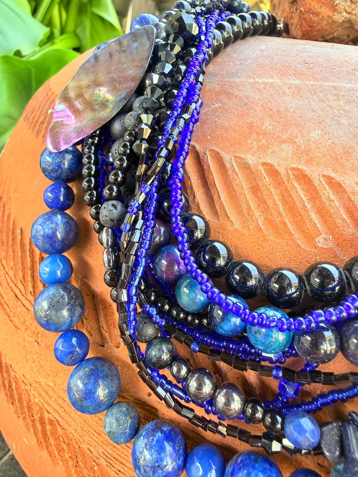 Lapis & Black Stone Statement Necklace | Multi-Strand Mixed Media | Ukrainian Korali Inspired | Handmade Artisan Jewelry