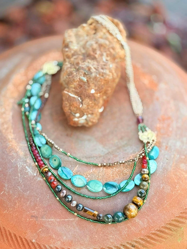 Tiger Eye, Agate & Pearl Layered Necklace | Mixed Media Statement Jewelry | Handmade One-of-a-Kind Beaded Necklace