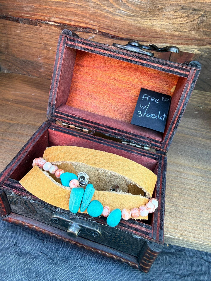 Turquoise Leather Bracelet | Pink Zebra Jasper | Handmade Boho Womens Bracelet
