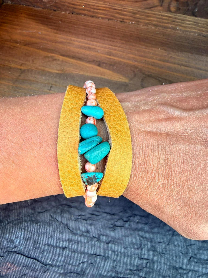 Turquoise Leather Bracelet | Pink Zebra Jasper | Handmade Boho Womens Bracelet