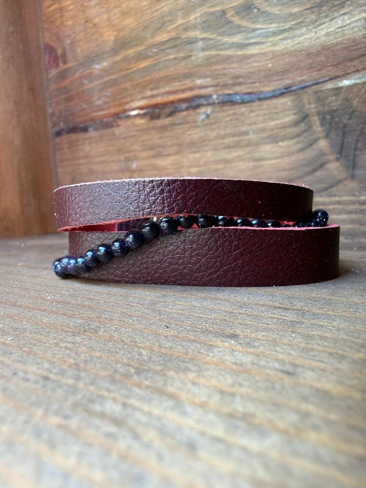 Blue Goldstone Leather Wrap Bracelet | Gift Box Included | Handmade Statement Jewelry
