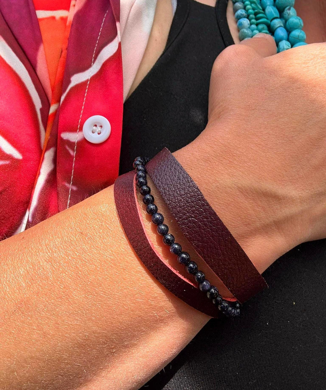 Blue Goldstone Leather Wrap Bracelet | Gift Box Included | Handmade Statement Jewelry