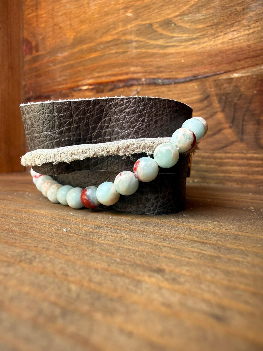 Blue Jasper Gray Leather Wrap Bracelet | Gift Box Included | Handmade Statement Jewelry