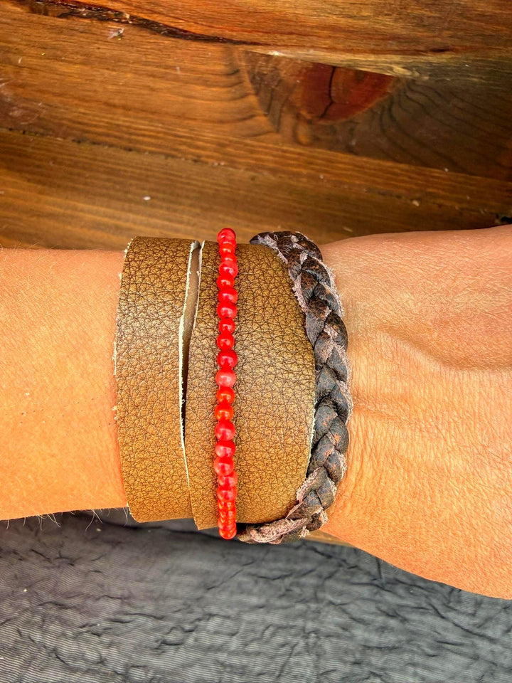 Red Coral Leather Wrap Bracelet | Gift Box Included | Handmade Statement Jewelry