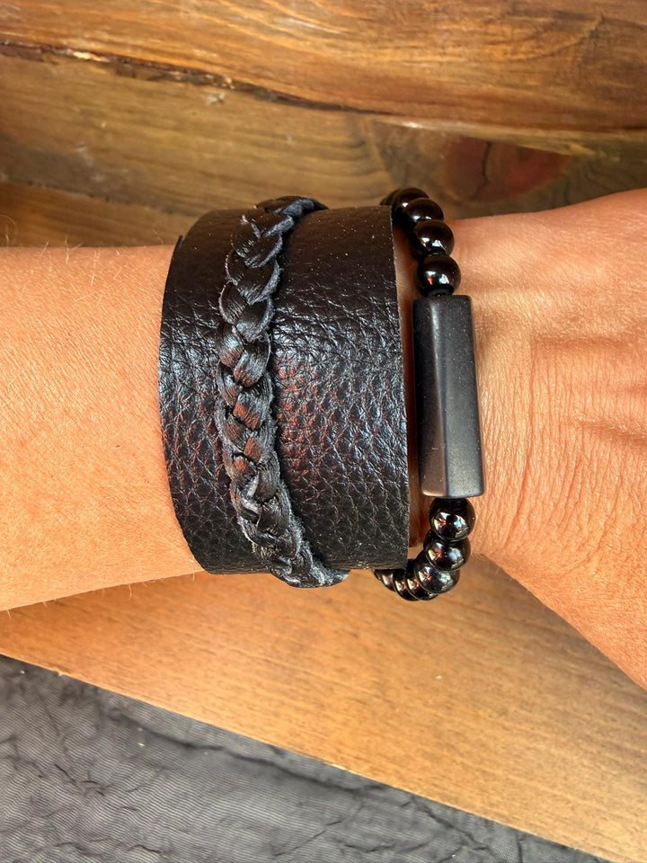 Black Onyx Leather Wrap Bracelet | Gift Box Included | Handmade Statement Jewelry