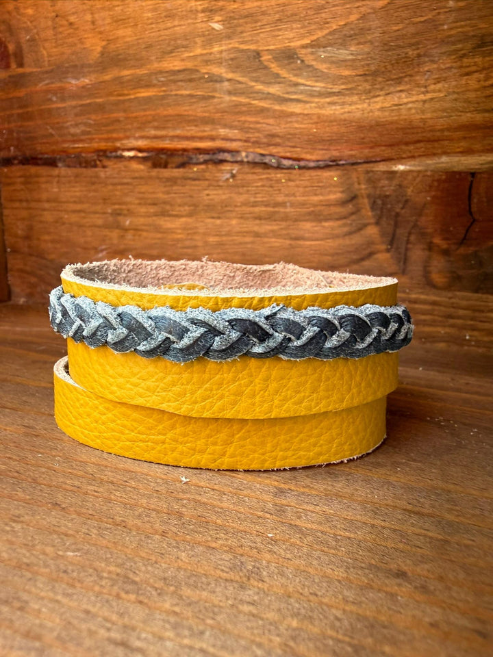 Braided Leather Wrap Bracelet | Gift Box Included | Handmade Mustard Yellow Statement Cuff