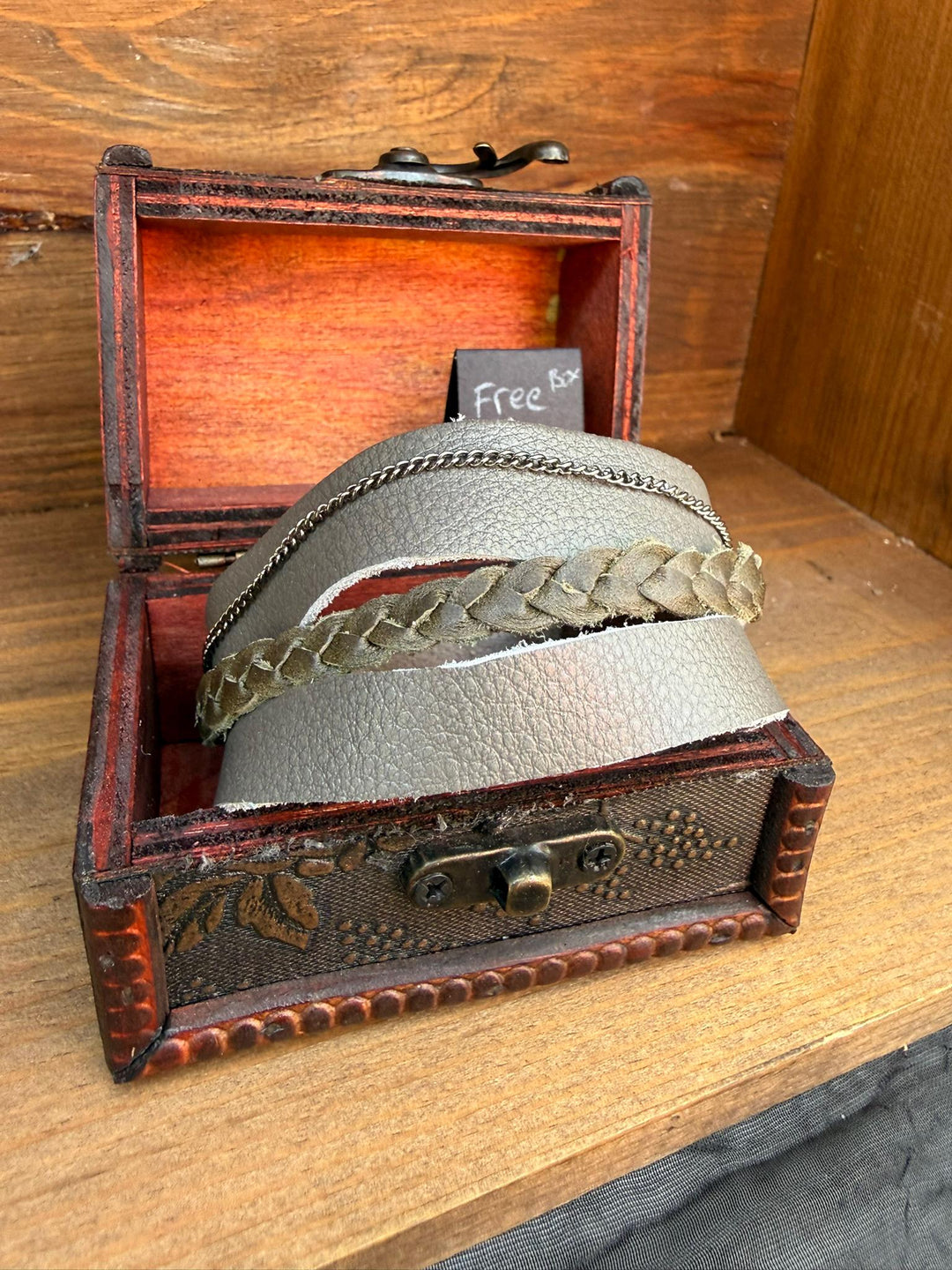 Gray Leather Wrap Bracelet | Braided Leather & Chain Accent | Gift Box Included | Handmade Statement Cuff