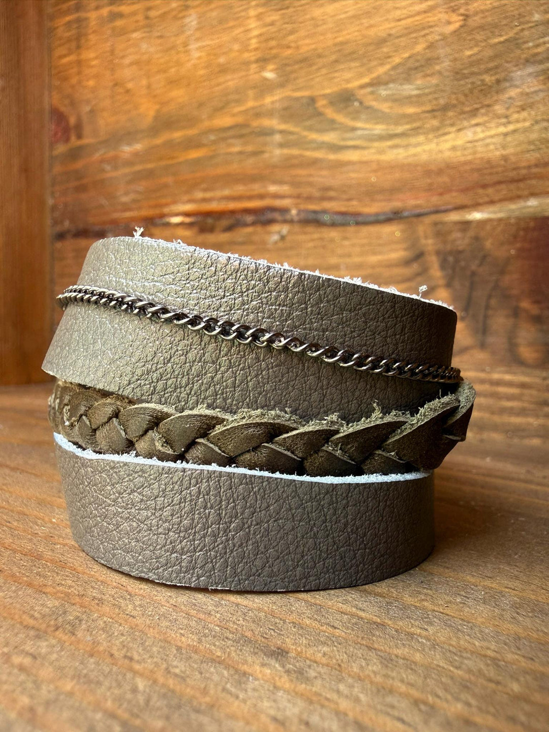 Gray Leather Wrap Bracelet | Braided Leather & Chain Accent | Gift Box Included | Handmade Statement Cuff