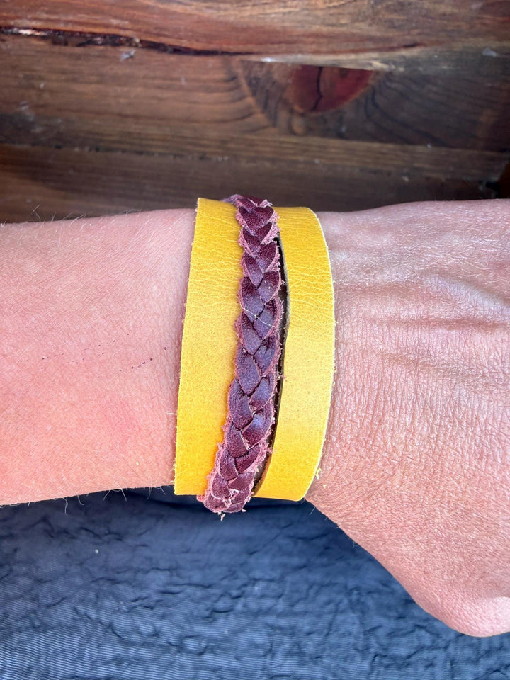 Yellow Leather Wrap Bracelet | Braided Accent | Handmade Slim Cuff | Gift Box Included