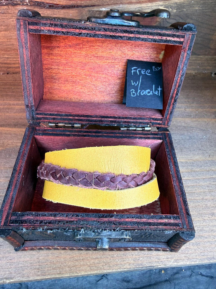 Yellow Leather Wrap Bracelet | Braided Accent | Handmade Slim Cuff | Gift Box Included