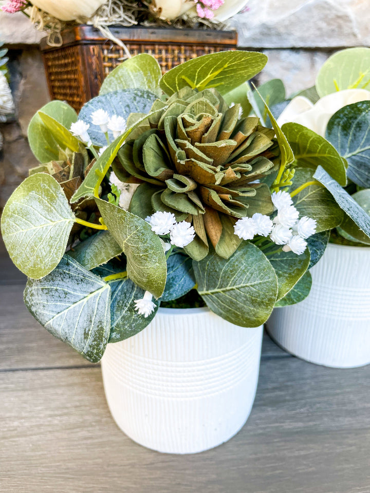 Sola Wood Flower arrangements. Eco Friendly. White Matte vase with 4 variations of flowers.